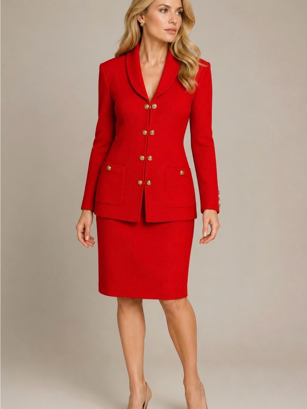 St. John Collection Santana Knit Red Skirt Suit Size 6 Old Money Quiet Luxury